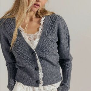 Free People Gray Knit Cardigan with Lace Detail